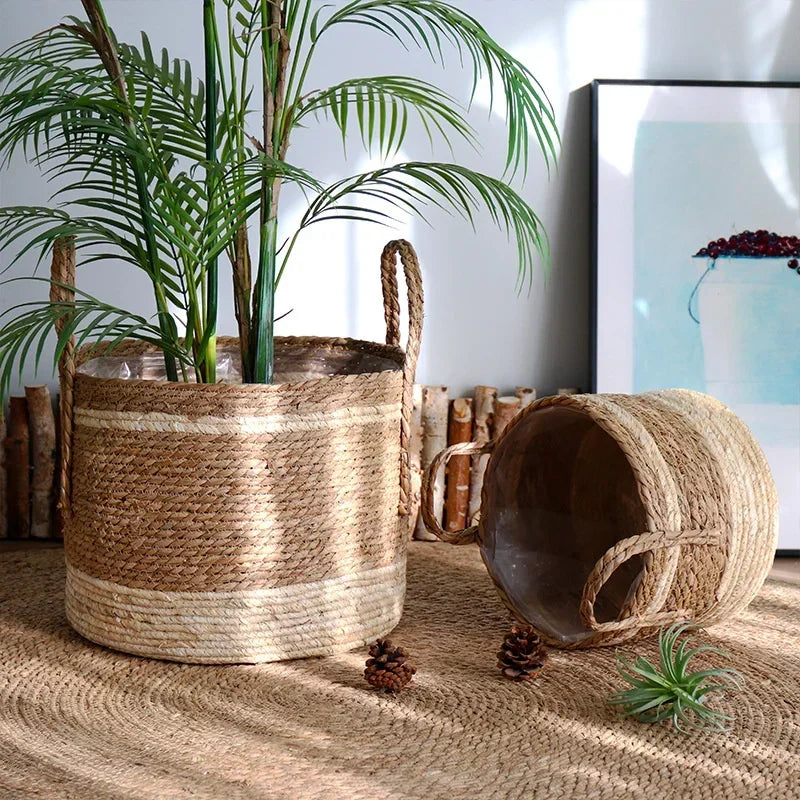 Discount Natural Rattan Woven Flower Pot Waterproof Lining Large Living Room Pots Versatile Elegant for Scene Plant Displays